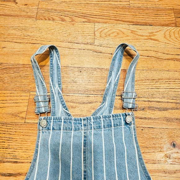 Pull & Bear Size L Denim Dress Overalls with Railroad Stripe Raw Hem Pockets - Picture 3 of 7